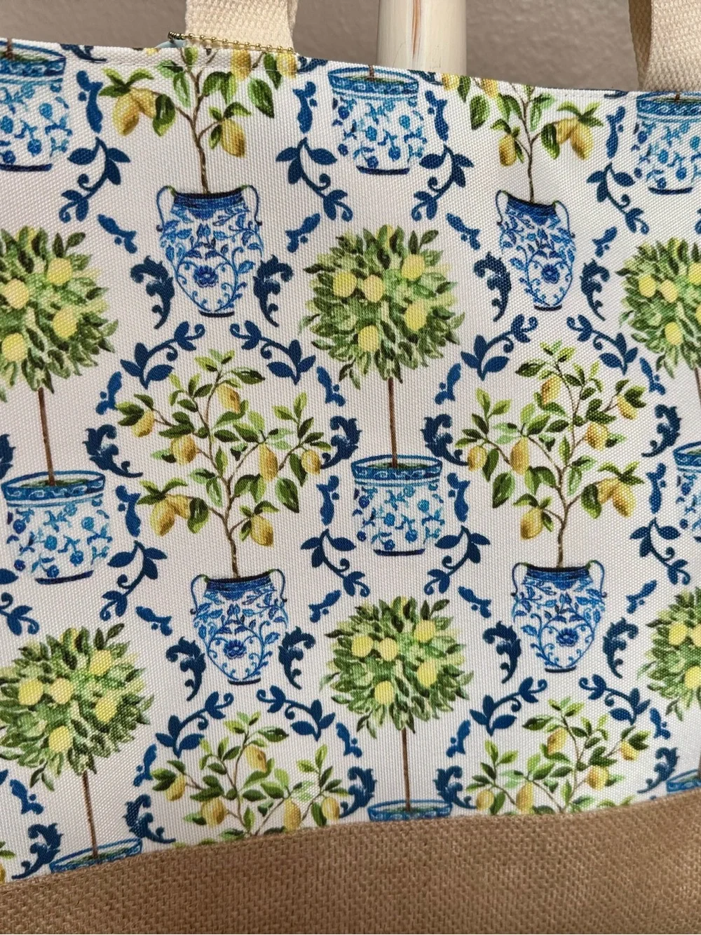 New Lemon Tree Blue Toile Potted Floral Canvas Tote Book Bag Reusable Burlap NWT